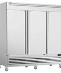 Straight Up Reliable Commercial Reach In Refrigerator 82 Inch Tall Three Solid Door Upright Cooler With Cubigel Compressor view from the front with stainless steel finish.
