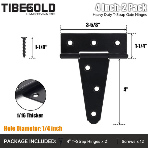 4 Inch T Strap Gate Hinges Built Tough Heavy Duty Black Powder Coated Iron Hardware For Wooden Fences And Yard Gates Anti Rust Corrosion Resistant Outdoor Indoor Use 2 Pack, 4-inch black T-hinge with screws and dimensions