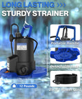 Heavy Duty 1HP Automatic Pool Cover Pump Delivers 3500 GPH with portable handle and blue detachable base for easy pond drainage.