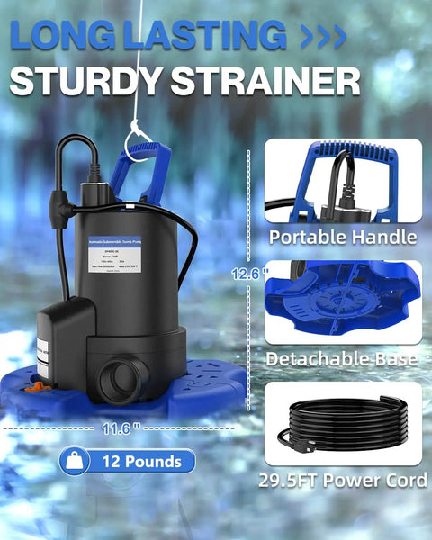 Heavy Duty 1HP Automatic Pool Cover Pump Delivers 3500 GPH with portable handle and blue detachable base for easy pond drainage.