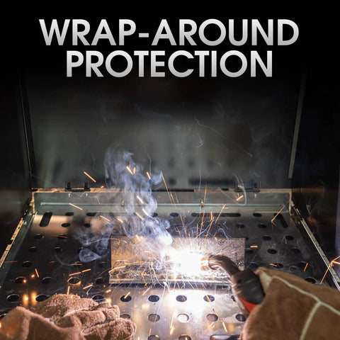 Portable Folding Welding Table With Heavy Duty Carbon Steel Build Handy Carry Handle Three Panel Workbench For TIG MIG ARC Welding On Job Sites, shown with sparks and protective panels in action.