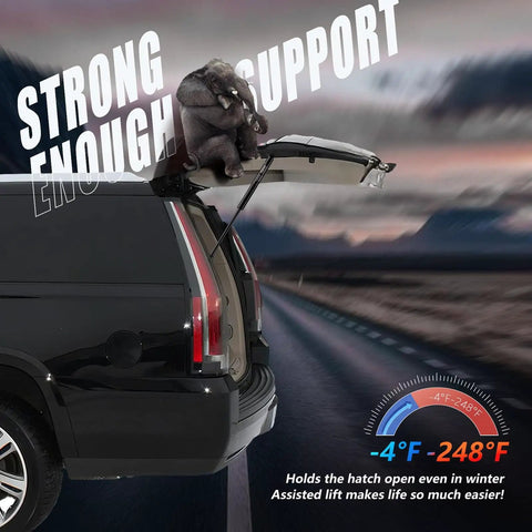 Rear Window Gas Lift Struts For 2007-2014 Cadillac Escalade ESV EXT Suburban Tahoe Yukon 4 Door SUV Back Glass Lift Supports SG330073 SG330072 Replacement Direct Fit Bolt On Durable installed on SUV showing hatch open