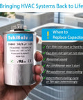 Hand holding 50 Plus 5uF MFD Dual Run Capacitor For Your ACs And HVAC Systems 370 To 440 VAC CBB65 Type Self Healing