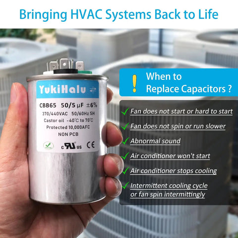 Hand holding 50 Plus 5uF MFD Dual Run Capacitor For Your ACs And HVAC Systems 370 To 440 VAC CBB65 Type Self Healing