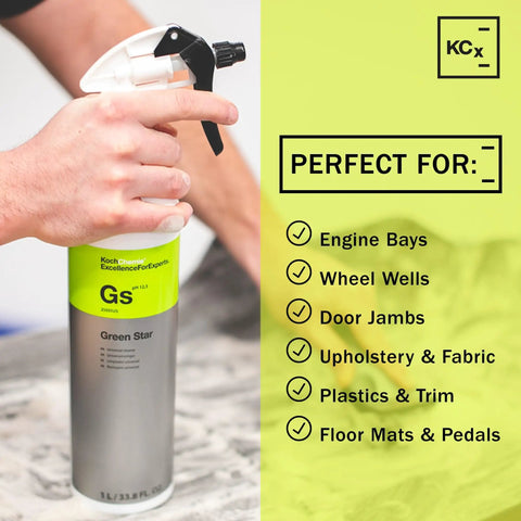 Hand holding a bottle of Heavy Duty All Purpose Cleaner For Cars And More, Ultra Concentrated Multisurface Cleaner, NTA Free Phosphate Free Solvent Free, Safe On Auto Interiors And Exteriors, Engines, Home, Workshop And Industrial Use, Dilutable From 1 To 120, against a checklist backdrop.