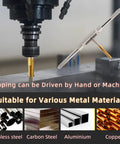 Micro Metric Tap Set With Tap Wrench in use on metal, shows compatibility with stainless steel, carbon steel, aluminum, copper.