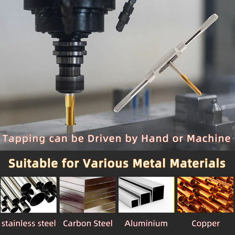 Micro Metric Tap Set With Tap Wrench in use on metal, shows compatibility with stainless steel, carbon steel, aluminum, copper.