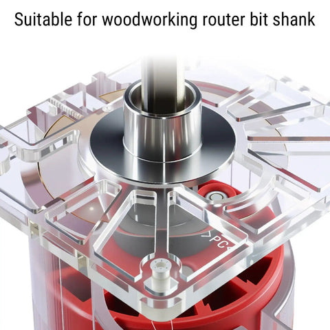 Built Like A Tank Router Guide Bushing Template Set Six Piece Heat Treated Stainless Steel with router bit shank fitted.