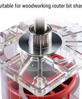Smooth Sailing Stainless Steel Router Guide Bushing Kit With Six Quick Swap Sizes close-up of router bit shank in transparent base.