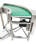 Heavy Duty Pvc Curved Conveyor Belt Makes 90 Degree Turns Without Any Sweat Electric Motor Adjustable Speed 19.6 Inch Wide Belt 400 Watt 110 Volt Stainless Steel Frame and Smooth Rollers Angle view of conveyor with green PVC belt and motor.