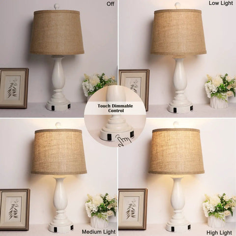 Three Way Dimmable Touch Lamps For Bedrooms Set Of 2 With USB Ports And AC Outlet Rustic Resin Nightstand Lamps With Drum Shade