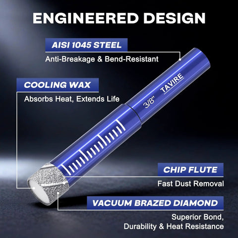 3/8 inch dry diamond drill bit with cooling wax and vacuum brazed diamond for Six-Piece Dry Diamond Drill Bit Set for Porcelain, Tile, Ceramic, Glass, Granite, Concrete and Stone - Pro Grade, Heavy Duty Diamonds Including Two 1/4 Inch Bits, 5/16, 3/8, 1/2 Inch, Plus Titanium Tungsten Carbide 1/4 Bit for Hard Materials.