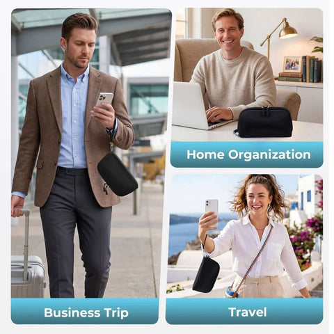 Travel Ready Featherweight Tech Stash With Grab Handle For Cable Caddy And Charger Pouch Water Repellent Gear Bag in use during business trips and travel.