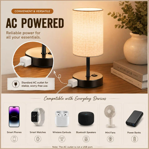 Set Of 2 Bedside Table Lamps For Bedroom And Living Room With 3 Way Dimmable Rocker Switch And Built In AC Outlet Flaxen Fabric Shade Black Base Nightstand And Desk Lamp For Cozy Home Decor with smart device charging.