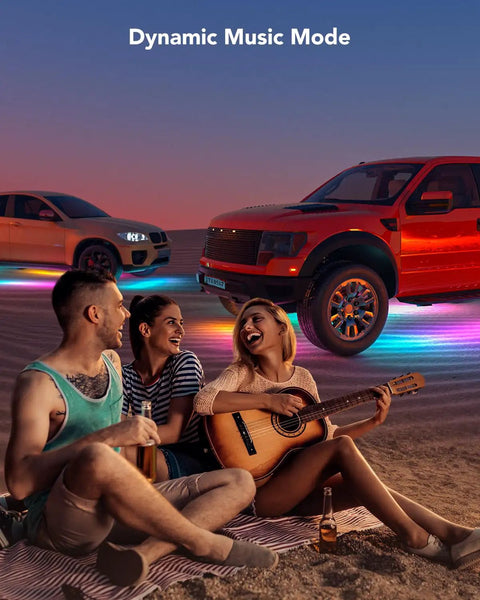 People enjoying sunset with Car Underglow Lights RGBIC Kit With 16 Million Colors and 45 Scene Modes glowing under cars