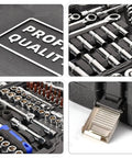 Heavy Duty 53 Piece Ratcheting Socket Wrench Set Featuring Secure Ball Lock Retention And Slick Thumb Switch Control For Easy Direction Changes On The Fly During Tough Jobs close up of chrome vanadium sockets and tools
