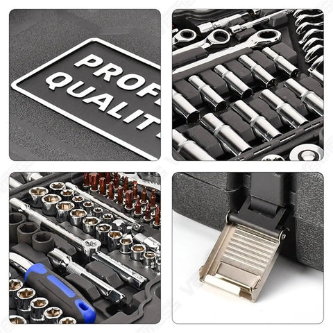 Heavy Duty 53 Piece Ratcheting Socket Wrench Set Featuring Secure Ball Lock Retention And Slick Thumb Switch Control For Easy Direction Changes On The Fly During Tough Jobs close up of chrome vanadium sockets and tools