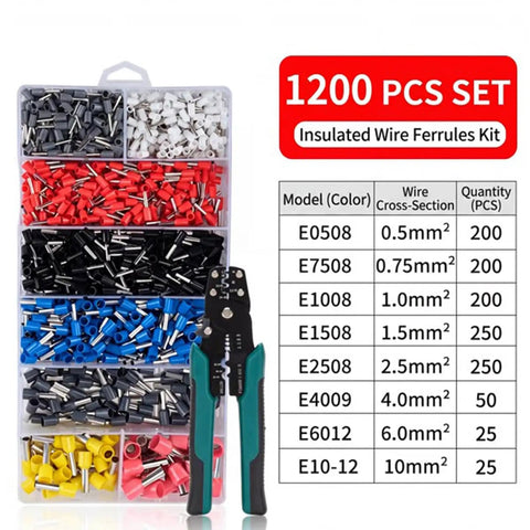 Top Shelf 1200 PCS Terminal Wire Ferrules Kit With Heavy Duty Crimping Tool, Insulated Copper Cord End Connectors Assortment In 0.75-10mm² Sizes Plus Organizer Case For Serious Electrical Wiring Jobs. Ferrules kit in organizer case with crimping tool and size chart