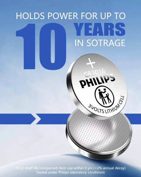 Top Shelf Cr2016 3V Lithium Coin Cell Battery 5 Pack Ultra Slim card style showing 10-year shelf life and Philips branding.