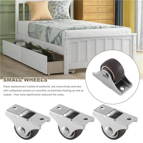 4 Piece Mini Casters 25Mm Furniture Wheels Heavy Duty Roller Replacement Hardware For Cabinets Desks And Storage Carts Rock Solid Build Hella Smooth Rolling With Included Mounting Screws For Quick No Sweat Setup shown on bed base.