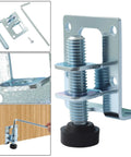 Close-up of 4 Pack 2.36 Inch Adjustable Furniture Leveling Feet, L-shaped galvanized steel with accessory, showing wear resistance.