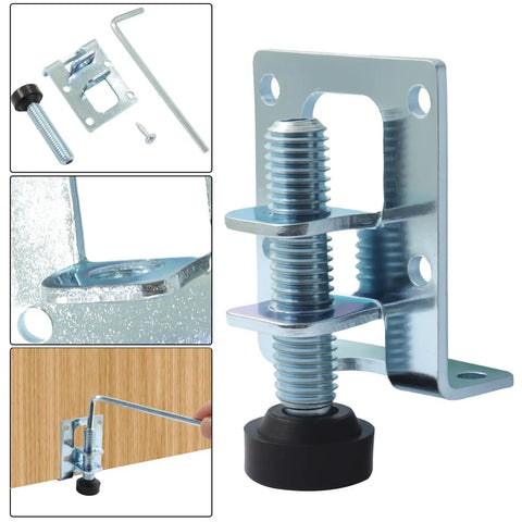Close-up of 4 Pack 2.36 Inch Adjustable Furniture Leveling Feet, L-shaped galvanized steel with accessory, showing wear resistance.