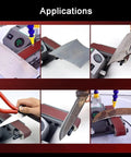 Heavy Duty Wet Bench Sander And Electric Knife Sharpener With Polishing Wheel And 10 Sanding Belts Featuring LCD Screens For No Sweat Wood Metal And Plastic Prep And Finishes showing various applications including sharpening and polishing tools.
