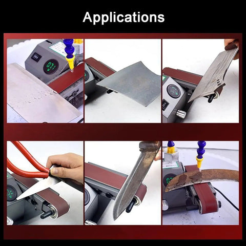 Heavy Duty Wet Bench Sander And Electric Knife Sharpener With Polishing Wheel And 10 Sanding Belts Featuring LCD Screens For No Sweat Wood Metal And Plastic Prep And Finishes showing various applications including sharpening and polishing tools.