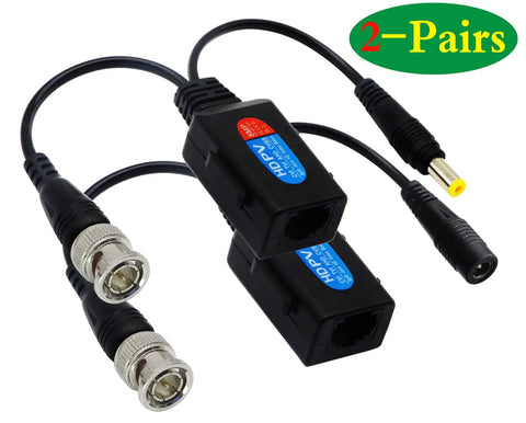 Cat5 To BNC Video Balun Kit With Power For CCTV Cameras Passive Transceiver, 2-Pair, black connectors with DC power jack
