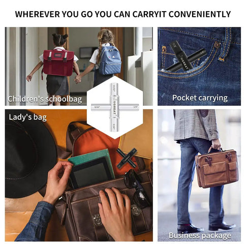 Collage showing 4 Way Sillcock Water Key Steel Multi Function Utility Key for easy carry; children's schoolbag, pocket, lady's bag, business package.