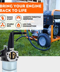 Carburetor and air filter tune-up kit displayed in front of a Briggs & Stratton powered generator for engines 5-7 HP.