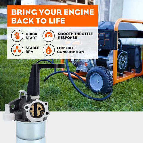 Carburetor and air filter tune-up kit displayed in front of a Briggs & Stratton powered generator for engines 5-7 HP.