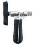 ATLIN bike chain tool side view; silver metal body, black textured handle, knurled adjustment cap.