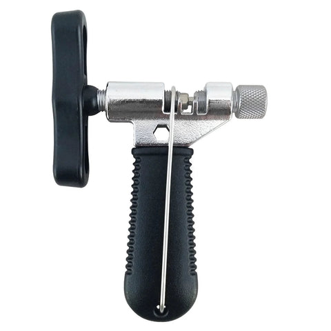 ATLIN bike chain tool side view; silver metal body, black textured handle, knurled adjustment cap.