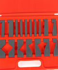Top-down view of a 17-piece gray ground angle block set in a red plastic case, 0–45° range, 3 in long.
