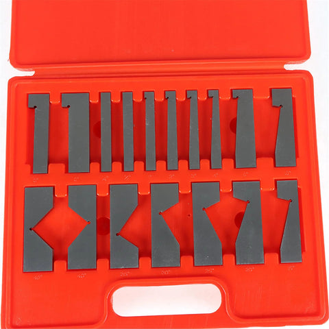 Top-down view of a 17-piece gray ground angle block set in a red plastic case, 0–45° range, 3 in long.