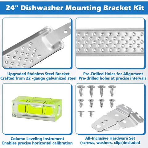 All In One 24 Inch Dishwasher Mounting Bracket Kit With Column Level For Granite And Quartz Countertops Includes Screws And Hardware For Precise Alignment And Easy Installation showing details of components and tools.