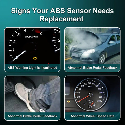 Signs your ABS sensor needs replacement, showing illuminated ABS light, abnormal brake feedback, and wheel speed data.