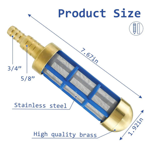 Brass Pressure Washer Inlet Filter For Three Quarter Inch Hoses Water Suction Strainer Keeps Debris Out Of Pump RustProof Stainless Mesh With Nylon Frame shown against white background, dimensions labeled