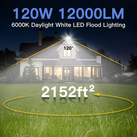 Two Pack 120W Outdoor LED Flood Light With Switch 12000 Lumens illuminates backyard up to 2152ft²
