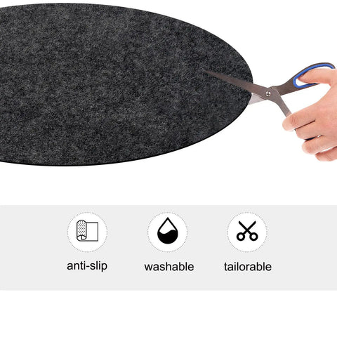Round 27.5 Inch Recliner Floor Mat Non Slip Felt Pad For Hardwood Floors being cut with scissors, highlighting its tailorable feature.