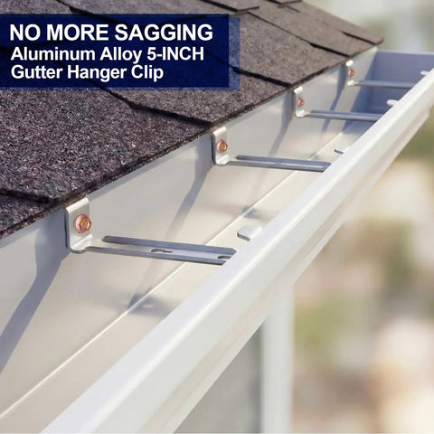 25 Pack 5 Inch Hidden Gutter Hangers Clip Style With Screws For Standard K Style Aluminum Gutters Bracket installed on roof.
