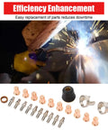 24 Piece Plasma Cutter Tip Electrode Nozzle Bracket Cover Set Made From Brass Zinc Alloy And Stainless Steel For CUT 55DS Pro And CUT 65DS Plasma Cutters IPT40 Tips Included Durable Consumables Kit, with parts arranged in front of a welding action.