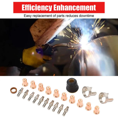 24 Piece Plasma Cutter Tip Electrode Nozzle Bracket Cover Set Made From Brass Zinc Alloy And Stainless Steel For CUT 55DS Pro And CUT 65DS Plasma Cutters IPT40 Tips Included Durable Consumables Kit, with parts arranged in front of a welding action.