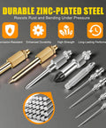 9 Piece Grease Gun Accessory Kit With Bent And Straight Needle Tips, Nozzles, Rubber Joint Fitting, Elbow Adapter For Tight Spaces And Deep Holes Ideal For Auto Pros In Hard To Reach Areas displayed on a durable zinc-plated steel background.