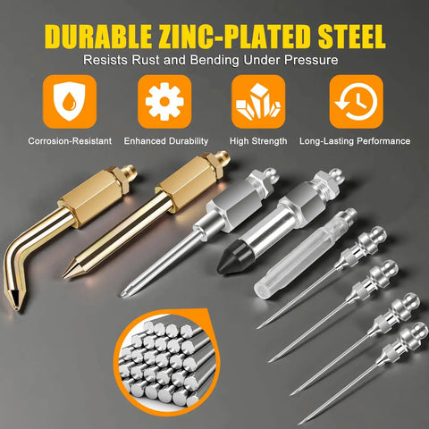 9 Piece Grease Gun Accessory Kit With Bent And Straight Needle Tips, Nozzles, Rubber Joint Fitting, Elbow Adapter For Tight Spaces And Deep Holes Ideal For Auto Pros In Hard To Reach Areas displayed on a durable zinc-plated steel background.