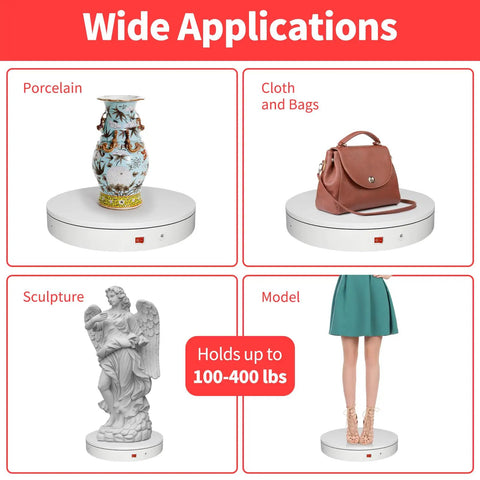 Heavy Duty Electric Rotating Turntable With Motorized Remote Control For 3D Scanning And 360 Video Shows Speed Adjustable Photography Display Stand Platform supports porcelain vase, handbag, sculpture, and model.