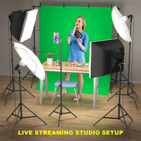 Live streaming setup with AM169 Photo And Video Studio Light Kit With 3 Backdrops Black White Green Including Two 24x24 Softbox Reflectors