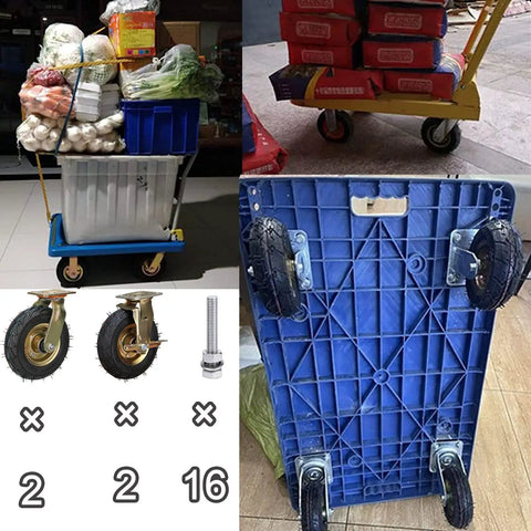 Heavy Duty Pneumatic Casters With Hella Smooth Rubber Wheels And Swivel Lock Brakes Built Like A Tank For Industrial Toolboxes Featuring Double Ball Bearings Quick Install on a heavy-duty cart loaded with items.