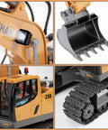 Toy excavator close-up: yellow plastic body with an LED light on the side
Toy excavator bucket close-up: gray bucket with sharp teeth on a yellow body
Toy RC excavator front cab view: yellow body with driver figure and red beacon
Toy excavator track close-up: black crawler tracks on the yellow undercarriage